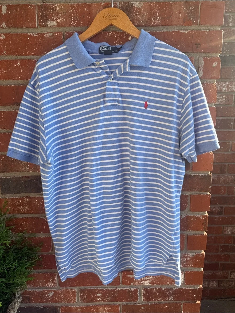 Ralph Lauren Blue and White Striped Polo Shirt with Red horse Logo